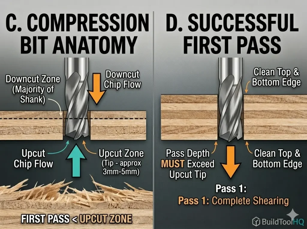 Detailed anatomy of a compression bit showing upcut vs downcut CNC bits transition zone.
