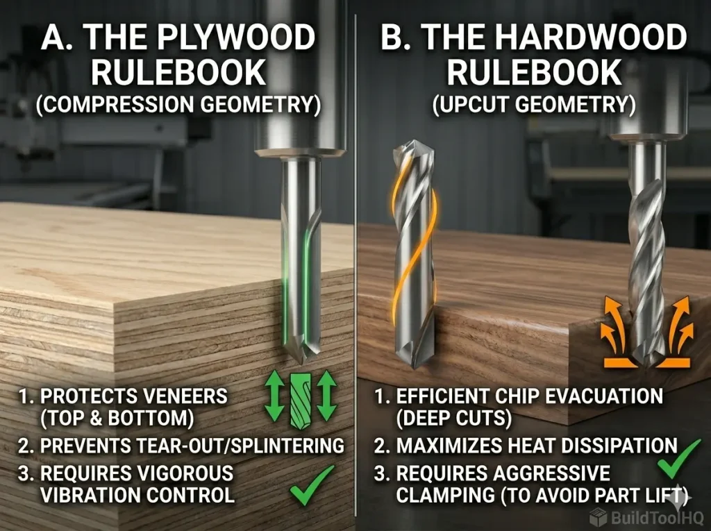 CNC Router Bit selection rulebook comparing compression geometry for plywood and upcut geometry for hardwood.