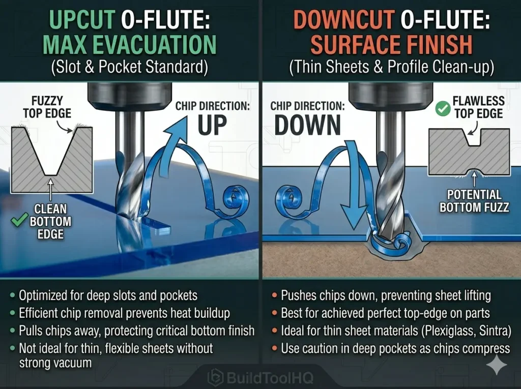 Best CNC Bit for Cutting Acrylic Comparison diagram of Upcut O-flute and Downcut O-flute bit geometry showing how chip direction affects the surface finish of acrylic on a CNC router.