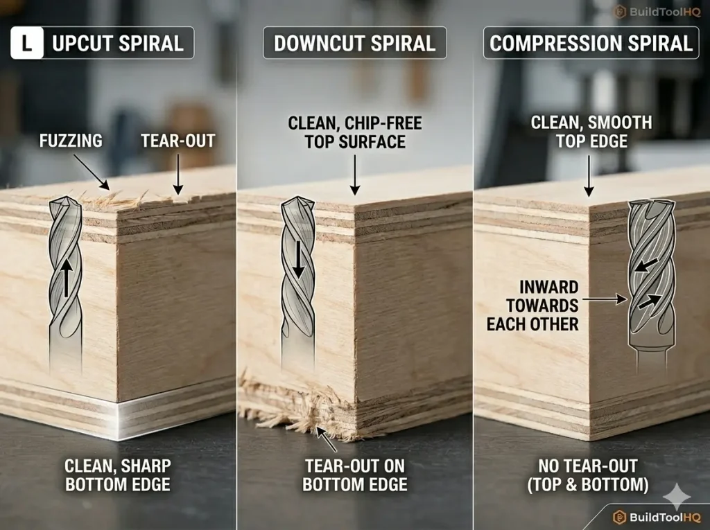 CNC router bit comparison: Upcut vs Downcut vs Compression edge finish results on plywood