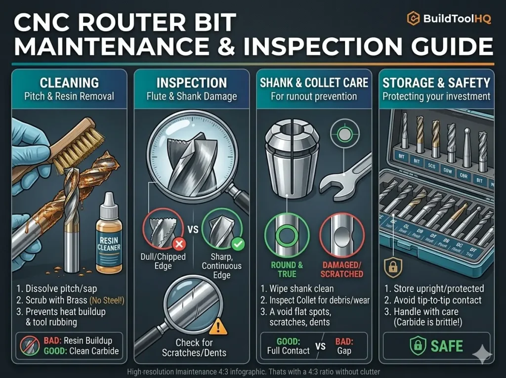 CNC router bit maintenance guide: cleaning pitch, inspecting flutes, collet care, and safe storage