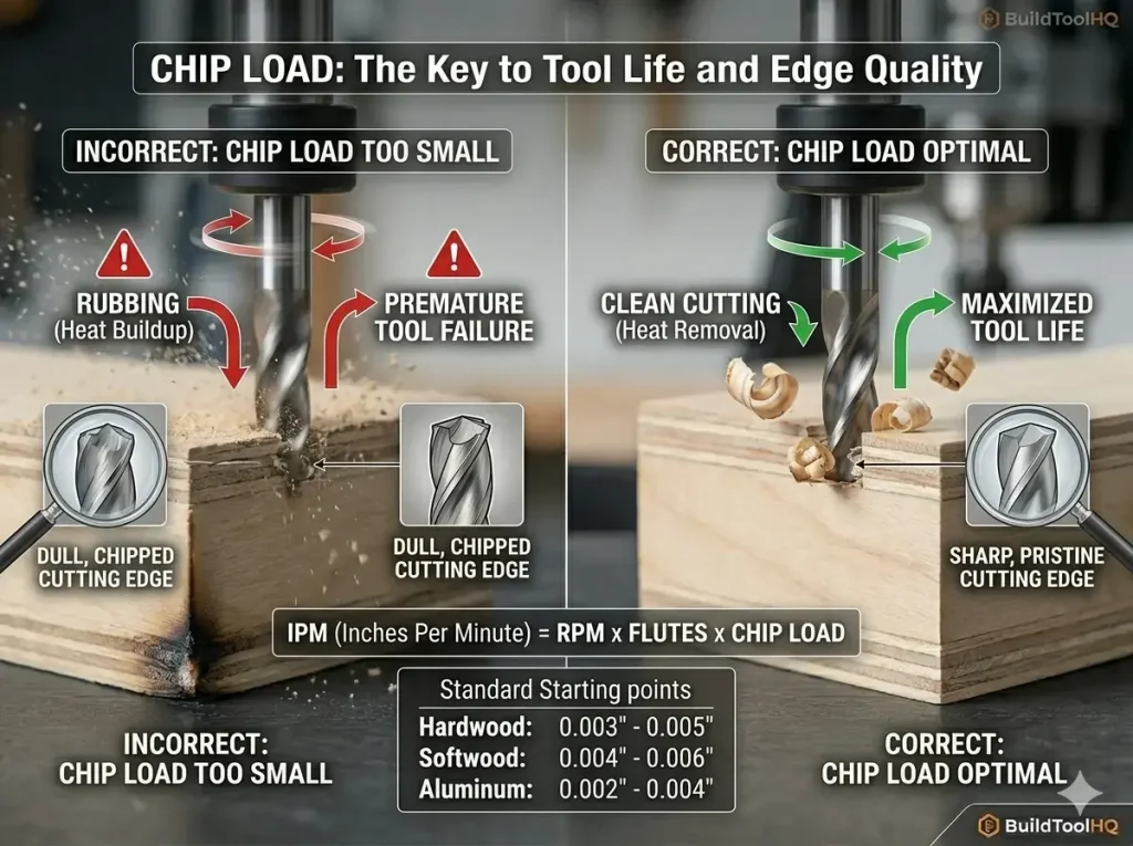 CNC chip load comparison: Incorrect rubbing vs optimal chip load for tool life