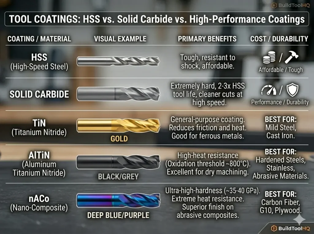 CNC tool coatings comparison: HSS, Solid Carbide, TiN (Gold), AlTiN (Black), and nACo (Blue) end mills chart.