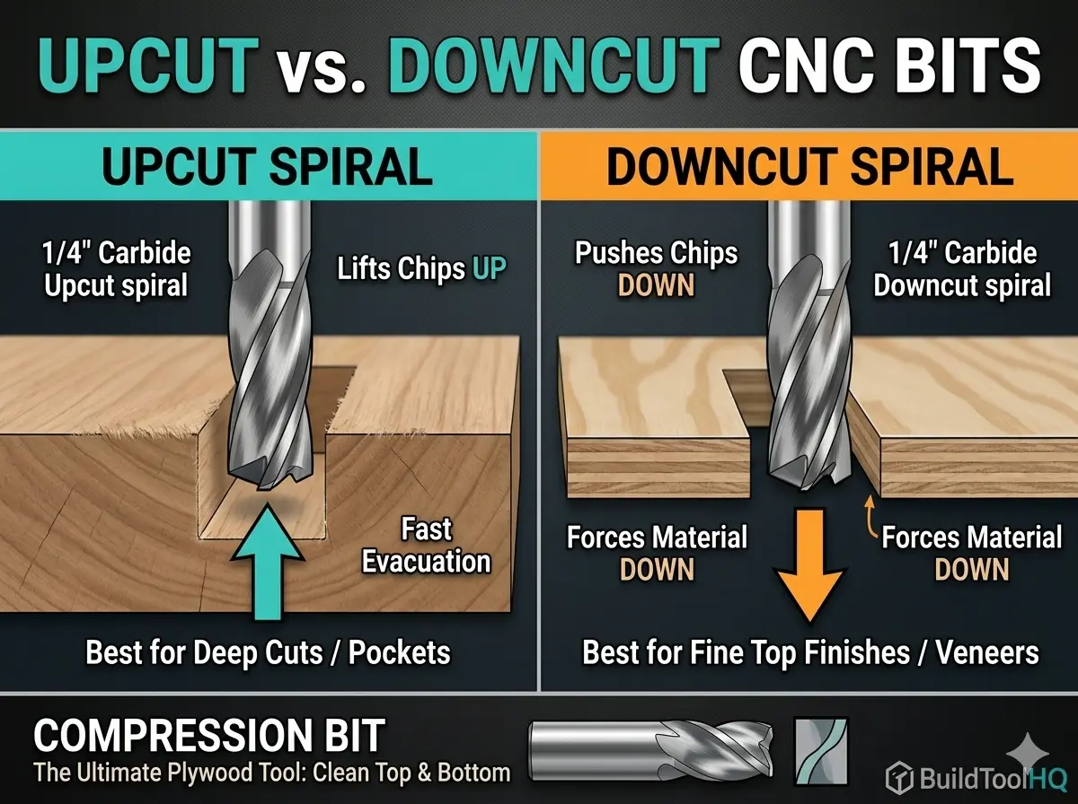Side-by-side comparison of **upcut vs downcut CNC bits** showing chip flow (Teal vs Orange arrows) and resulting edge quality on plywood and hardwood.