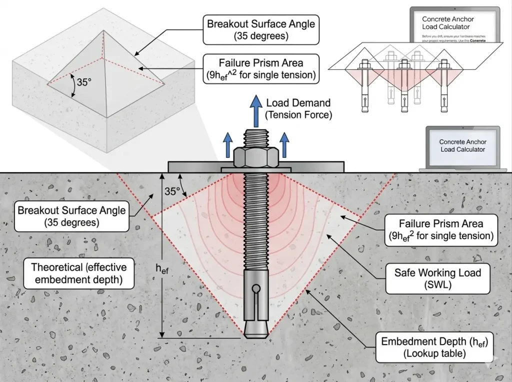 Technical diagram showing the 35-degree concrete breakout cone failure mode and effective embedment depth (hef) for mechanical anchors under tension.