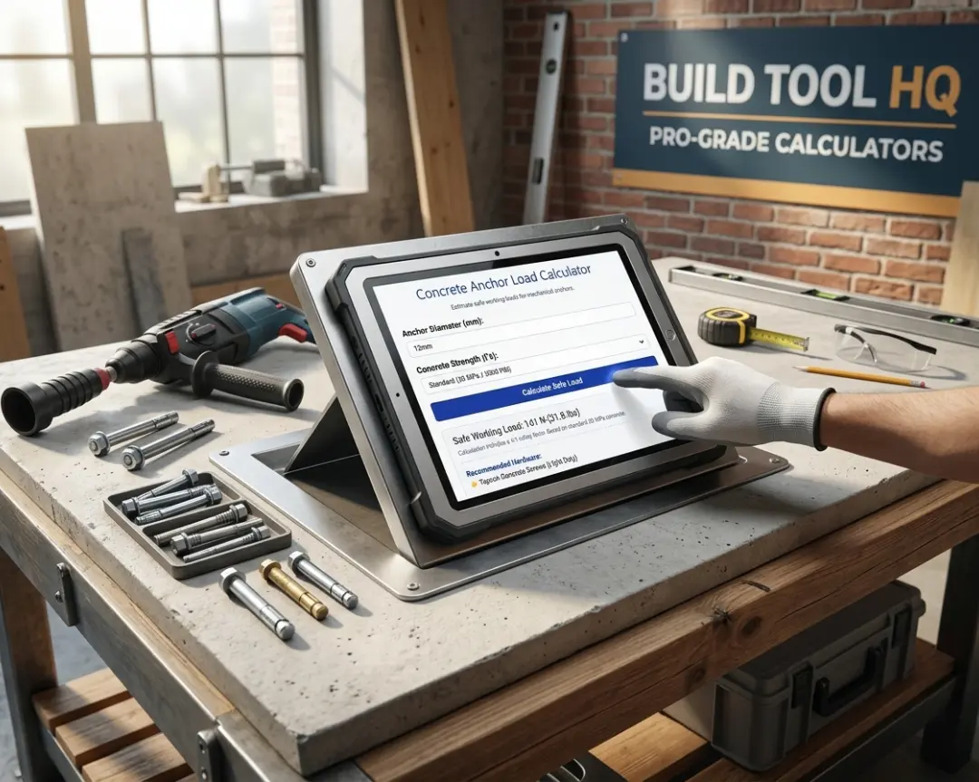 Professional concrete anchor load calculator displayed on a rugged tablet in a workshop with masonry tools and fasteners.