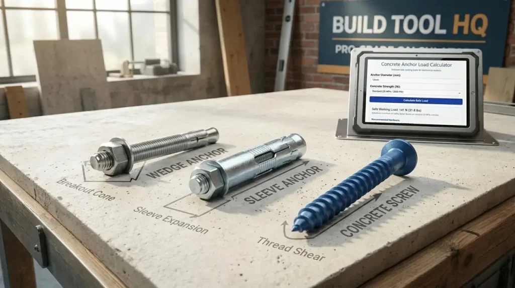 Side-by-side comparison of three common mechanical concrete anchors: Wedge Anchor, Sleeve Anchor, and Concrete Screw (Tapcon-style), showing their different designs and thread patterns.